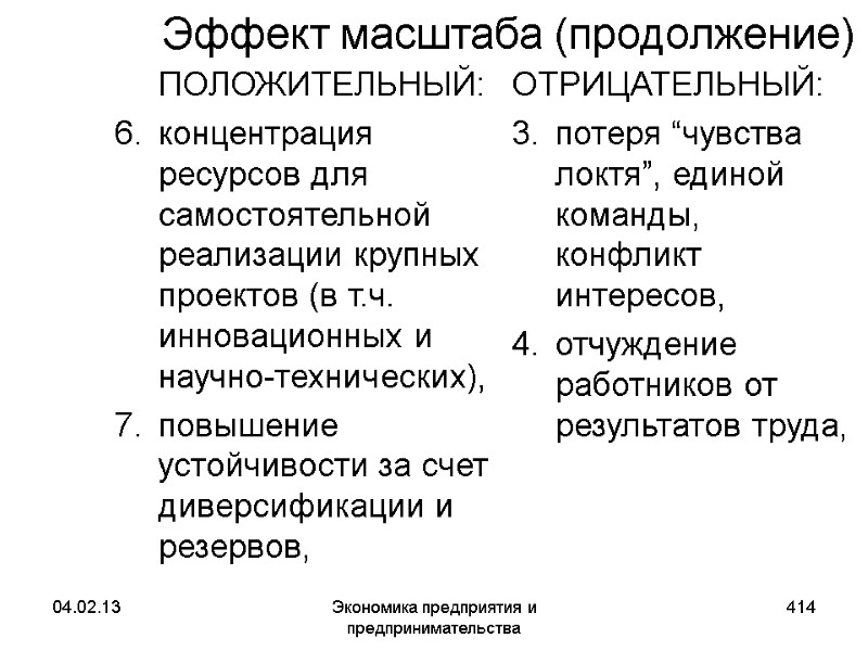 04.02.13 Экономика предприятия и предпринимательства 414 Эффект масштаба (продолжение) ПОЛОЖИТЕЛЬНЫЙ: концентрация ресурсов для 04.02.13 Экономика предприятия и предпринимательства 414 Эффект масштаба (продолжение) ПОЛОЖИТЕЛЬНЫЙ: концентрация ресурсов для